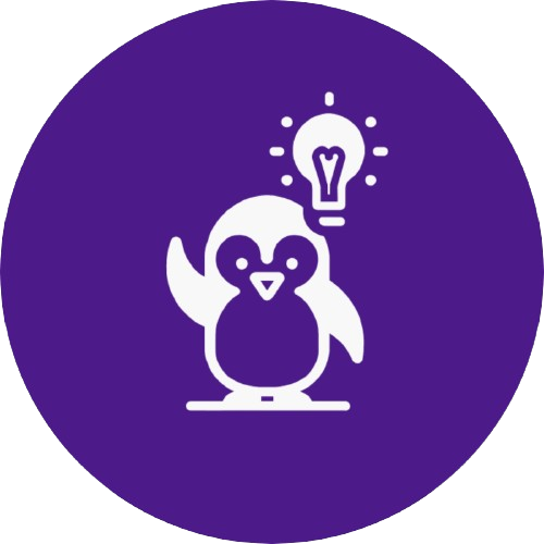 A confident penguin with a lightbulb, symbolizing insightful decision-making support that CMO Huddles offers