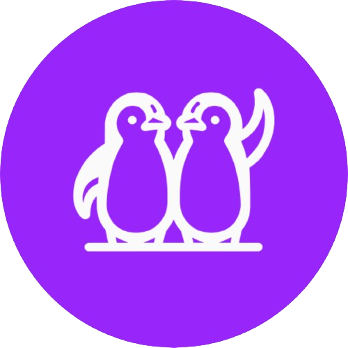 Two penguins close together on a purple background, embodying CMO Huddle's commitment to fostering supportive peer networks