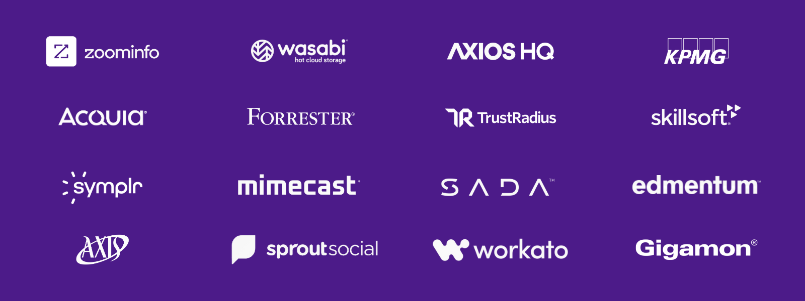 Purple background with logos of top B2B companies with CMOs who are members of CMO Huddles: ZoomInfo, KPMG, Forrester, & more